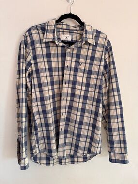 American Eagle Outfitters Navy and Cream Plaid Button-Up Shirt